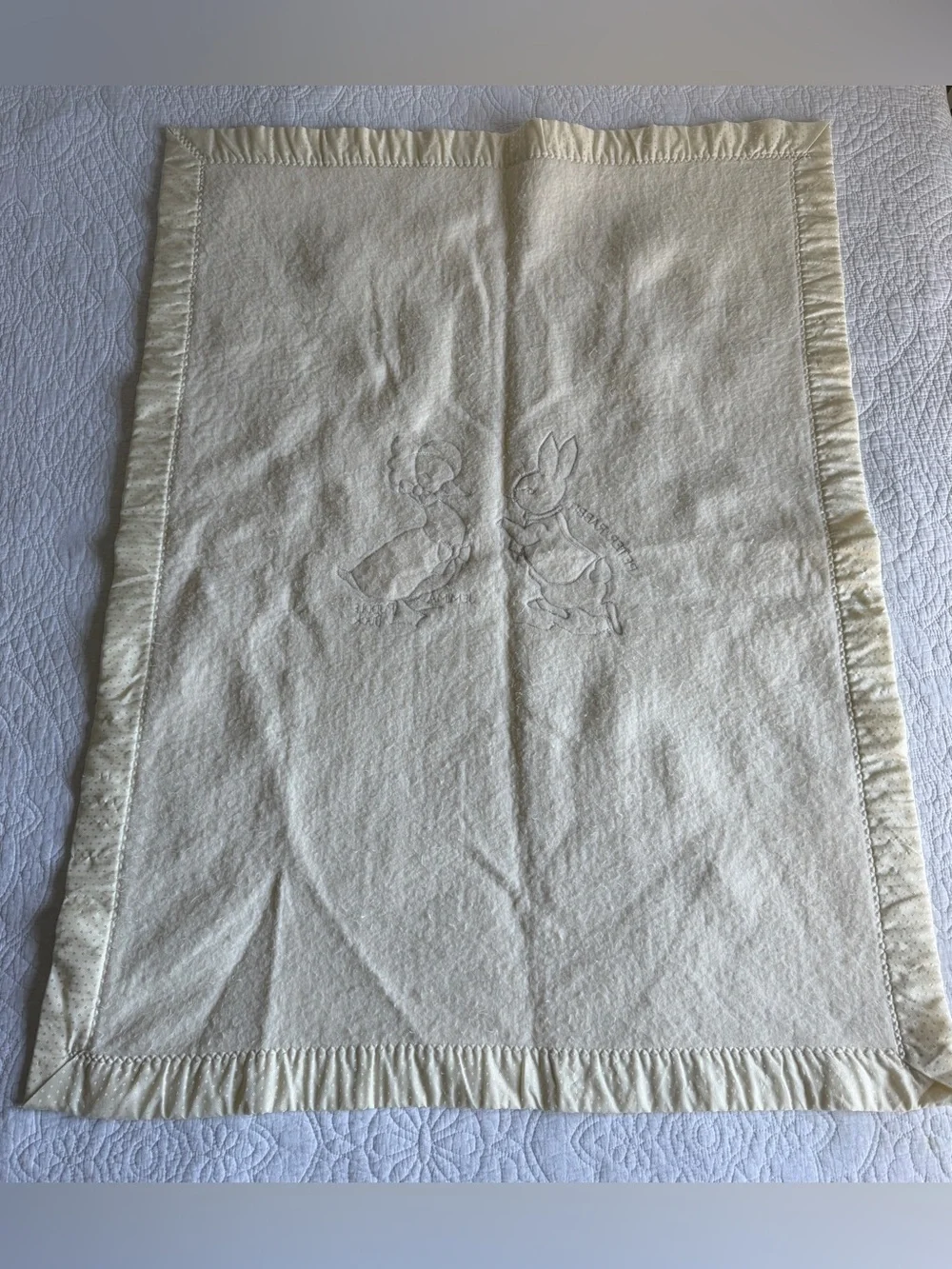 Vintage Quiltex Beatrix Potter Peter Rabbit Embroidered Satin Edge Baby Blanket